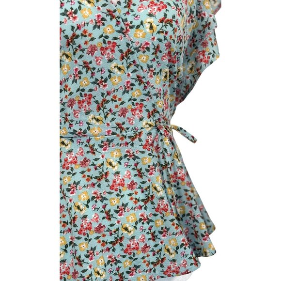 Monteau Brick Size S Womens Floral Summer Faux Wrap Top Ruffle Sleeve Blue Pink - Picture 7 of 9